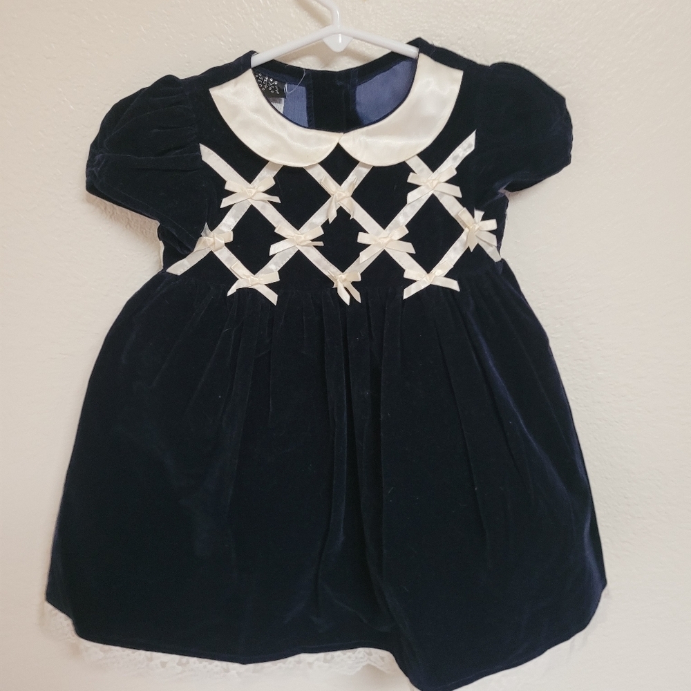 Vintage Jenny Annie Dots Navy Velvet Baby Dress with White Accents